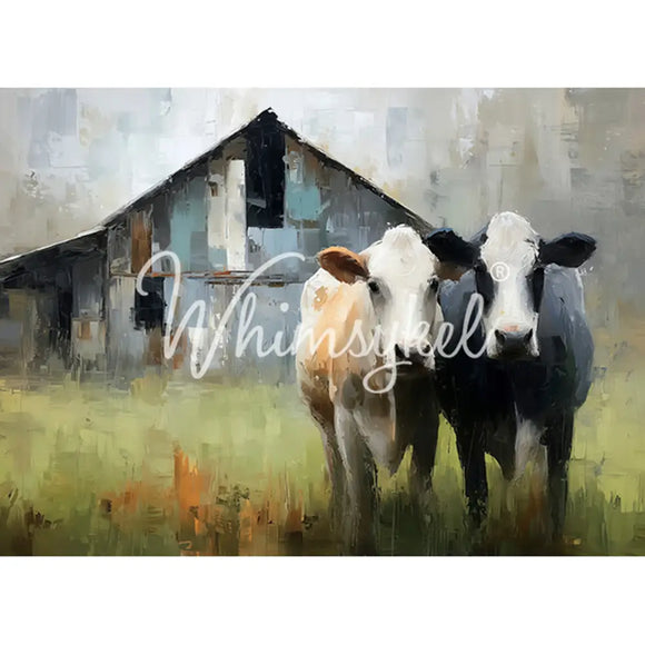 Full sheet view of Whimsykel Stand By Me tissue decoupage paper for furniture, 21x29 inches, cows and barn modern farmhouse design