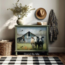 Dresser makeover mockup using Whimsykel Stand By Me tissue decoupage paper (21x29), farmhouse cows and barn design on drawers