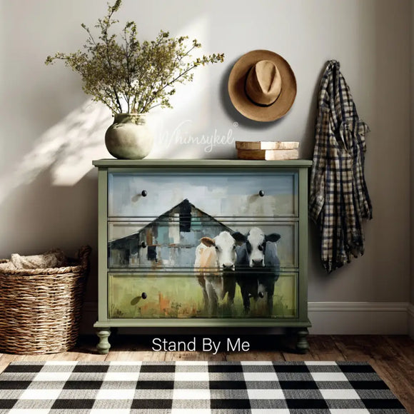 Dresser makeover mockup using Whimsykel Stand By Me tissue decoupage paper (21x29), farmhouse cows and barn design on drawers
