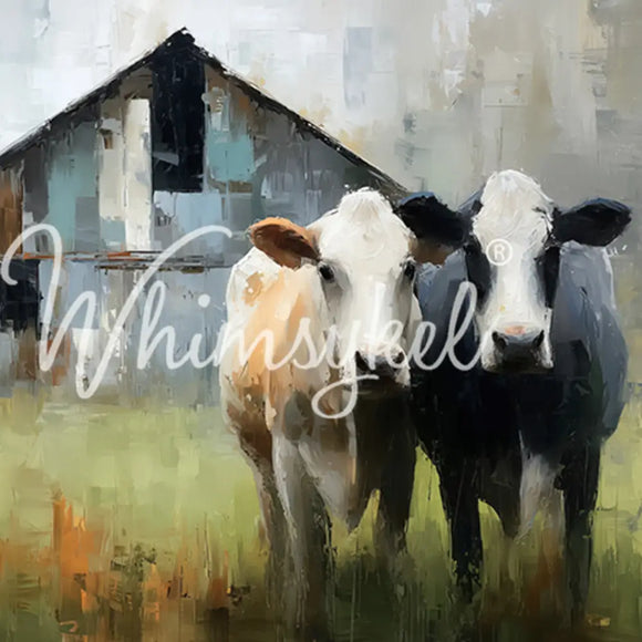 Whimsykel Stand By Me 21x29 tissue decoupage paper for furniture featuring two cows in a field with a barn, painterly farmhouse artwork