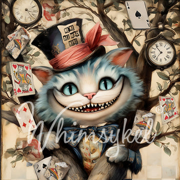 Whimsykel Chester tissue decoupage paper closeup, grinning blue cat in top hat with playing cards and clocks, furniture decoupage