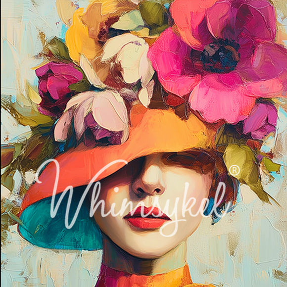 Whimsykel Derby Diva 21x29 tissue decoupage paper for furniture featuring a stylish portrait in a wide-brim hat with bold pink and orange flowers