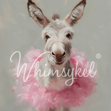 Whimsykel Donkey Dance tissue decoupage paper closeup featuring white donkey in pink tutu, 21x29 decoupage paper for furniture