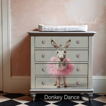 Dresser makeover mockup using Whimsykel Donkey Dance tissue decoupage paper for furniture, 21x29 sheet, donkey in pink tutu design