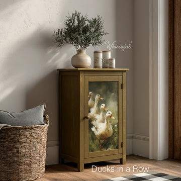 Small cabinet door mockup featuring Whimsykel Ducks in a Row tissue decoupage paper for farmhouse-style deco
