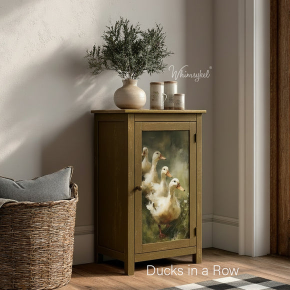 Small cabinet door mockup featuring Whimsykel Ducks in a Row tissue decoupage paper for farmhouse-style deco
