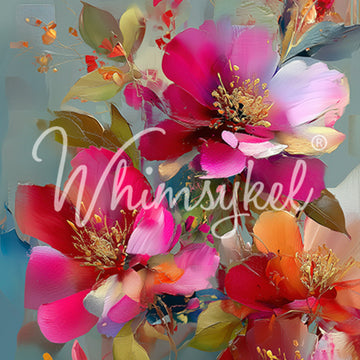 Fully Alive Whimsykel 21x29 tissue decoupage paper closeup with bright pink, coral, and red florals on a soft teal background