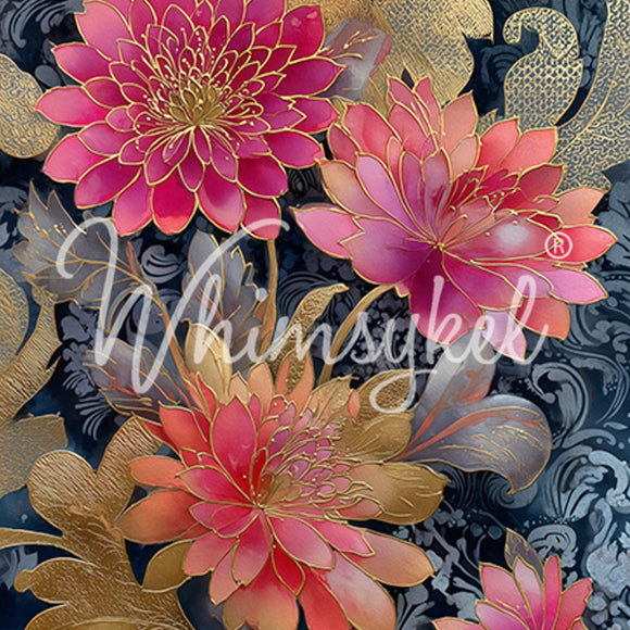 Whimsykel Gilded Flowers tissue decoupage paper closeup with pink flowers and gold detailing on a dark damask background (21x29)
