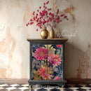 Painted cabinet makeover using Whimsykel Gilded Flowers 21x29 tissue decoupage paper with pink gilded florals on a dark background