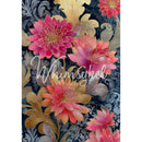 Full sheet of Whimsykel Gilded Flowers 21x29 tissue decoupage paper for furniture featuring pink flowers with gold accents on a moody damask design.