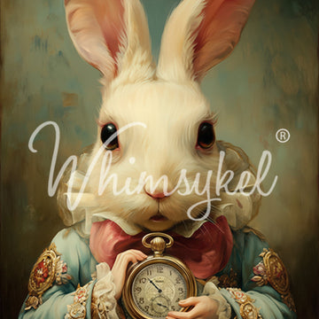 Close-up of Whimsykel Important Date tissue decoupage paper featuring a white rabbit in a vintage coat holding an antique pocket watch