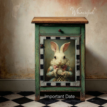 Whimsykel Important Date decoupage paper applied to a vintage green nightstand door panel with white rabbit and pocket watch artwork