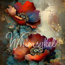 Whimsykel Moody Petals 21x29 tissue decoupage paper for furniture, close-up of red and plum poppy flowers with teal foliage and gold crackle texture