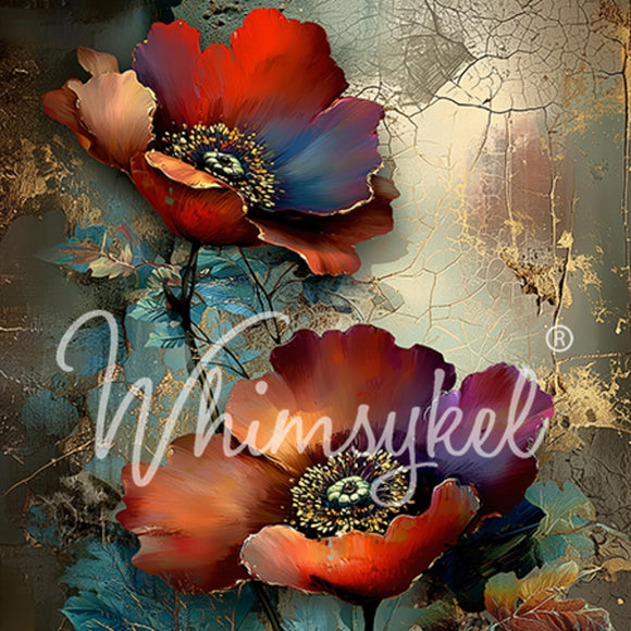 Whimsykel Moody Petals 21x29 tissue decoupage paper for furniture, close-up of red and plum poppy flowers with teal foliage and gold crackle texture
