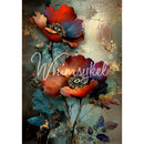 Full sheet Whimsykel Moody Petals 21x29 tissue decoupage paper for furniture featuring two moody poppy blooms, teal leaves, and vintage crackle background