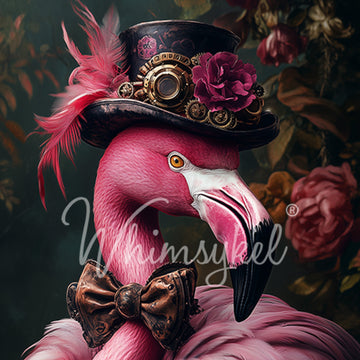 Close-up of Whimsykel Pink Flamingear tissue decoupage paper designÑpink flamingo in a steampunk top hat with gears and roses.