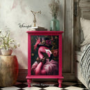 Whimsykel Pink Flamingear tissue decoupage paper on a hot pink nightstand cabinet doorÑpink flamingo steampunk portrait furniture decoupage.