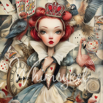 Whimsykel Queen of Hearts 21x29 tissue decoupage paper for furniture with playing cards, crown, flamingos, and vintage clock