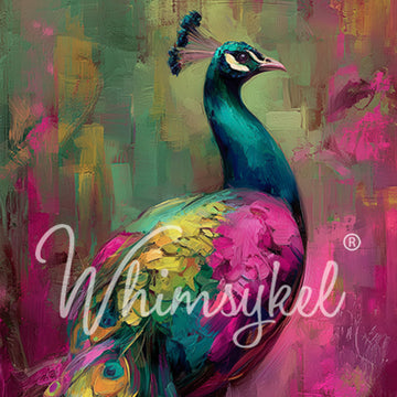 Regal Confidence Whimsykel tissue decoupage paper close-up featuring a vibrant teal, pink, and gold peacock on an abstract background