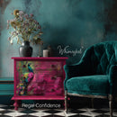 Regal Confidence peacock decoupage paper furniture makeover on a bright pink dresser in a teal room beside a velvet green chair
