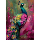 Full 21x29 Regal Confidence tissue decoupage paper sheet with colorful peacock artwork and bold magenta and green brushstrokes