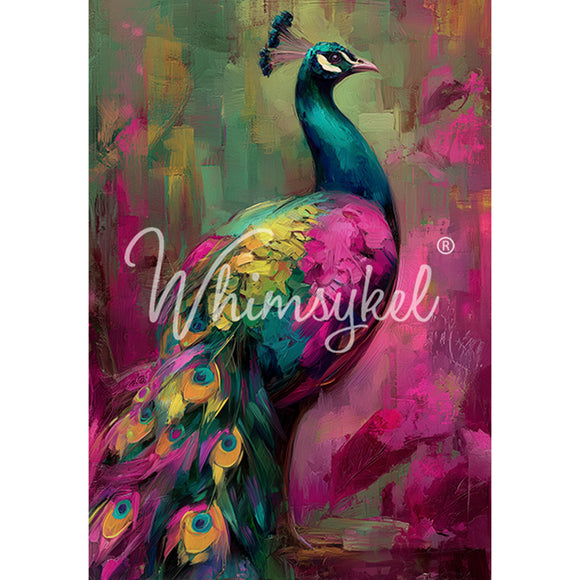 Full 21x29 Regal Confidence tissue decoupage paper sheet with colorful peacock artwork and bold magenta and green brushstrokes