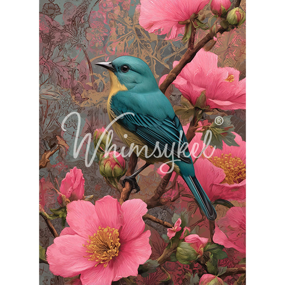 Full 21x29 Whimsykel Songbird Blooms tissue decoupage paper sheet with teal bird and bright pink floral blooms