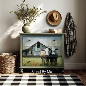 Dresser makeover mockup using Whimsykel Stand By Me tissue decoupage paper (21x29), farmhouse cows and barn design on drawers