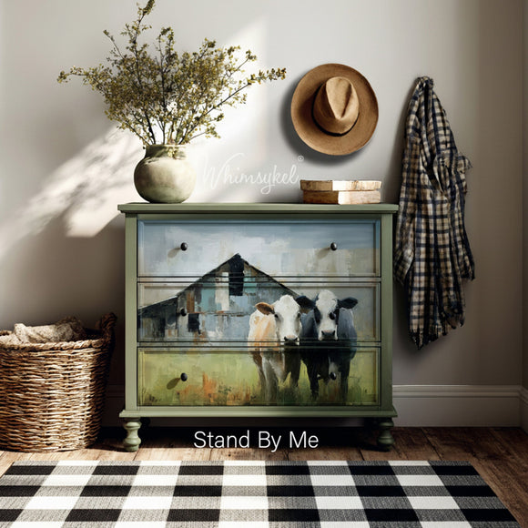 Dresser makeover mockup using Whimsykel Stand By Me tissue decoupage paper (21x29), farmhouse cows and barn design on drawers