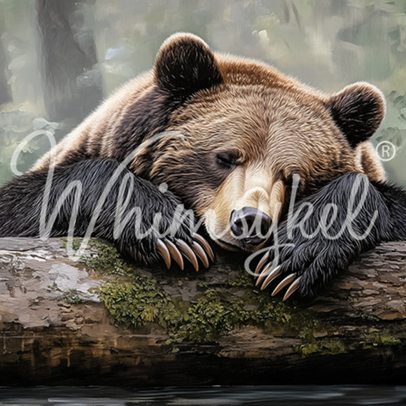 Whimsykel Tuckered Teddy tissue decoupage paper for furniture, sleeping brown bear on mossy log by water, 21x29 sheet