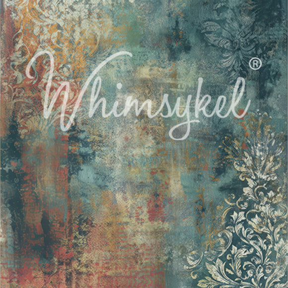 Whimsykel Winter Patina tissue decoupage paper 21x29 for furniture, teal-blue patina background with vintage damask scrollwork