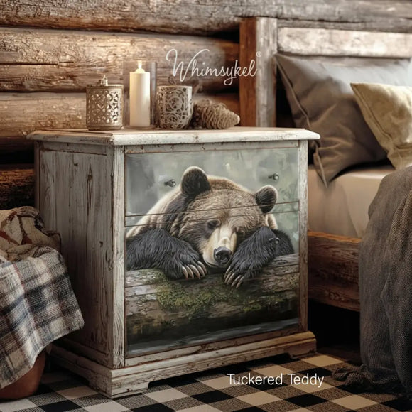 Nightstand makeover with Whimsykel Tuckered Teddy 21x29 tissue decoupage paper, rustic cabin bedroom furniture decoupage