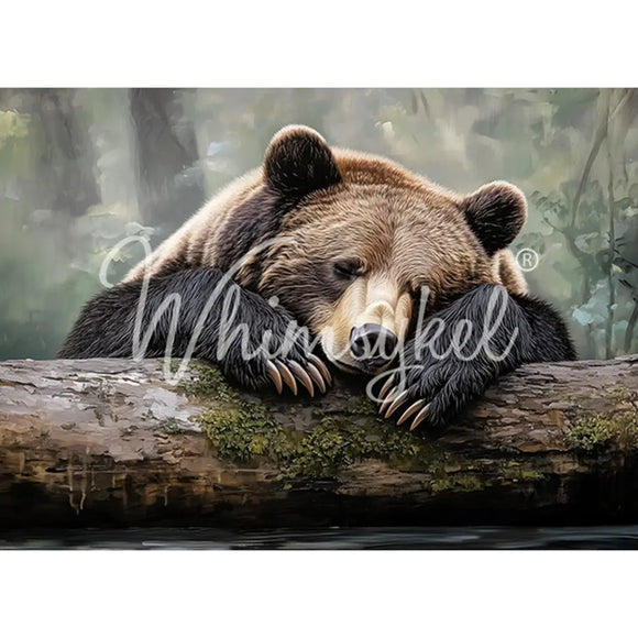 Full 21x29 Whimsykel Tuckered Teddy decoupage paper design, cozy sleeping bear woodland scene for furniture upcycling