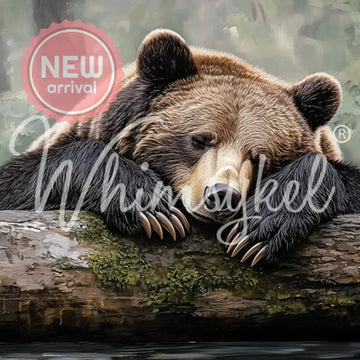 Whimsykel Tuckered Teddy tissue decoupage paper for furniture, sleeping brown bear on mossy log by water, 21x29 sheet