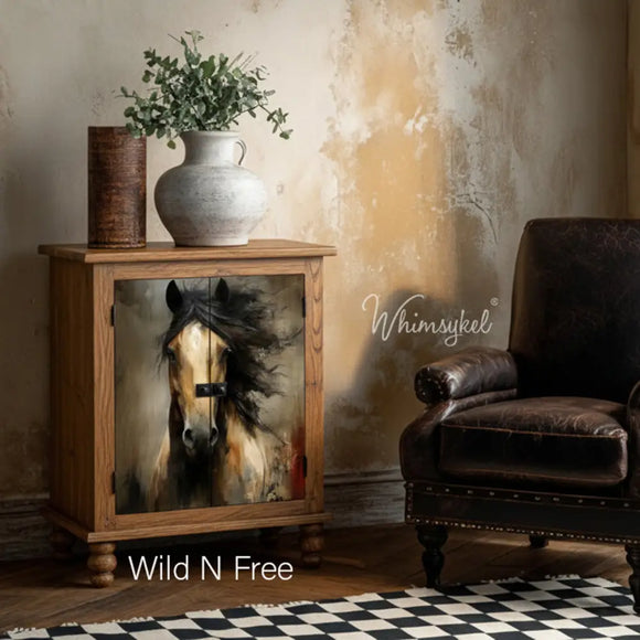 Whimsykel Wild N Free 21x29 tissue decoupage paper for furniture shown on cabinet door rustic western horse decor furniture makeover idea