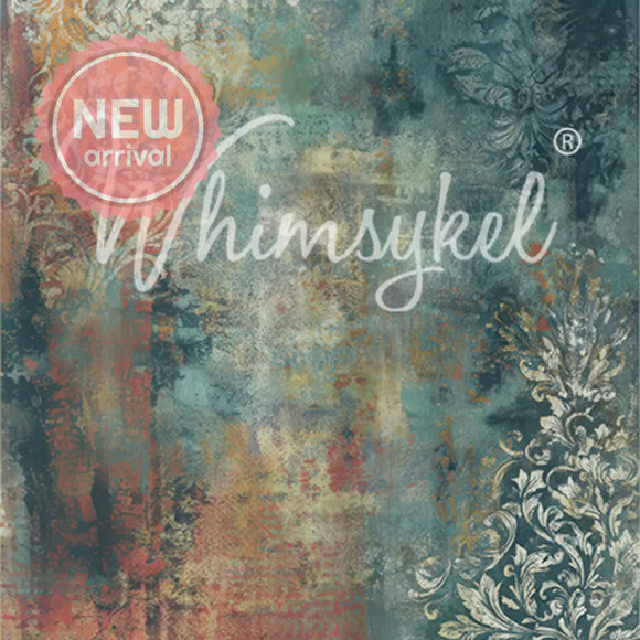 Whimsykel Winter Patina tissue decoupage paper 21x29 for furniture, teal-blue patina background with vintage damask scrollwork