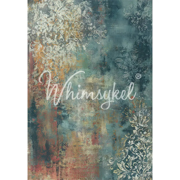 Whimsykel Winter Patina 21x29 tissue decoupage paper sheet for furniture makeovers, distressed teal and rust tones with ornate damask