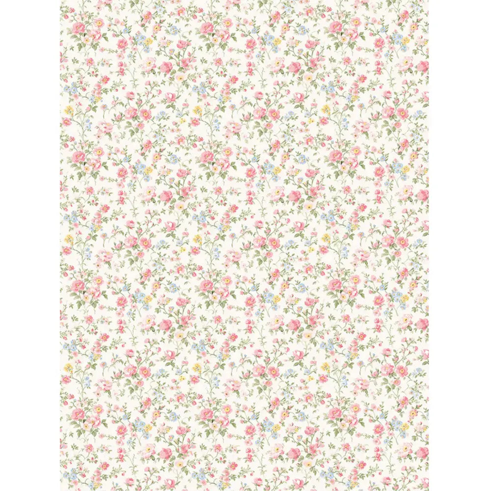 Rice paper featuring a dainty pink floral wallpaper print. White borders are on the sides.