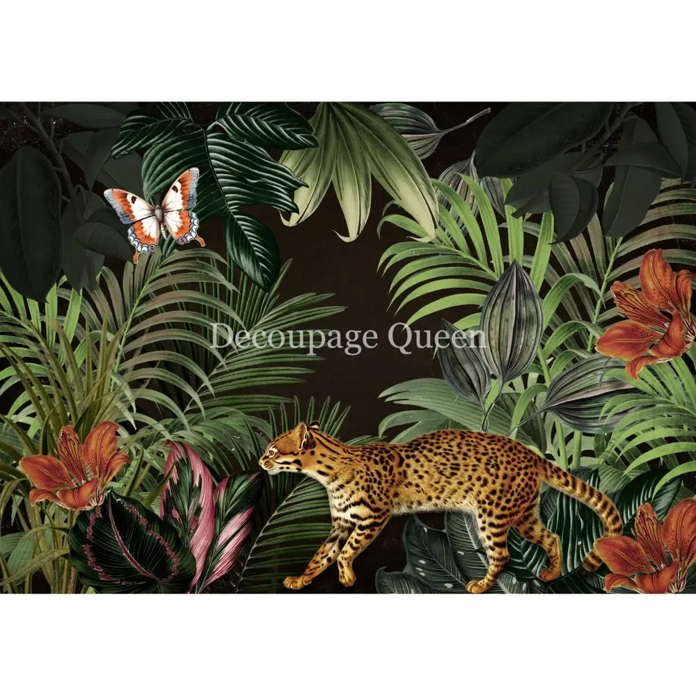 Rice paper featuring lush jungle plants, a fluttering butterfly, and a fierce spotted wild cat on a bold black background. White borders are on the top and bottom.