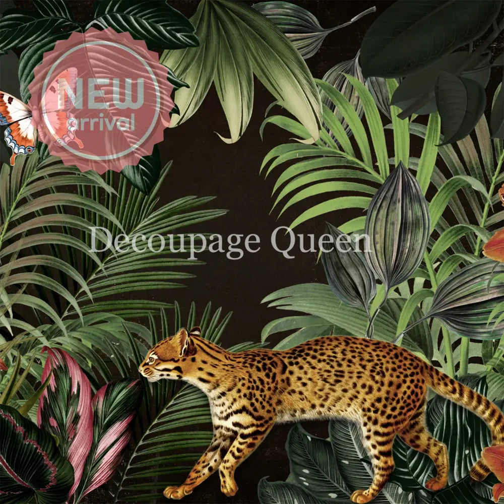 Close-up of a rice paper featuring lush jungle plants, a fluttering butterfly, and a fierce spotted wild cat on a bold black background. 