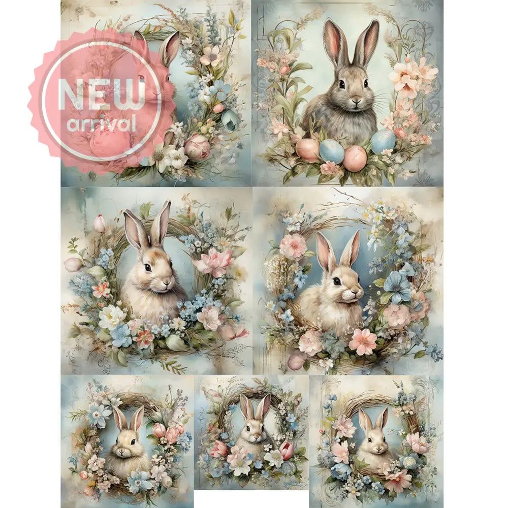 Rice paper design that features 7 images of bunnies in floral wreaths with easter egg. White borders are on the sides.