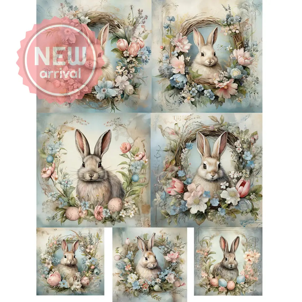 Rice paper design that features 7 adorable images of bunnies surrounded by beautiful floral wreaths. White borders are on the sides.