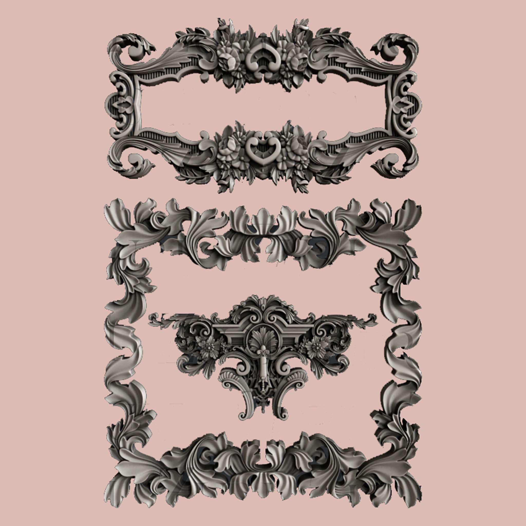 Silver colored silicone castings of 2 ornate flourish frames and 1 center accent piece are against a light pink background.