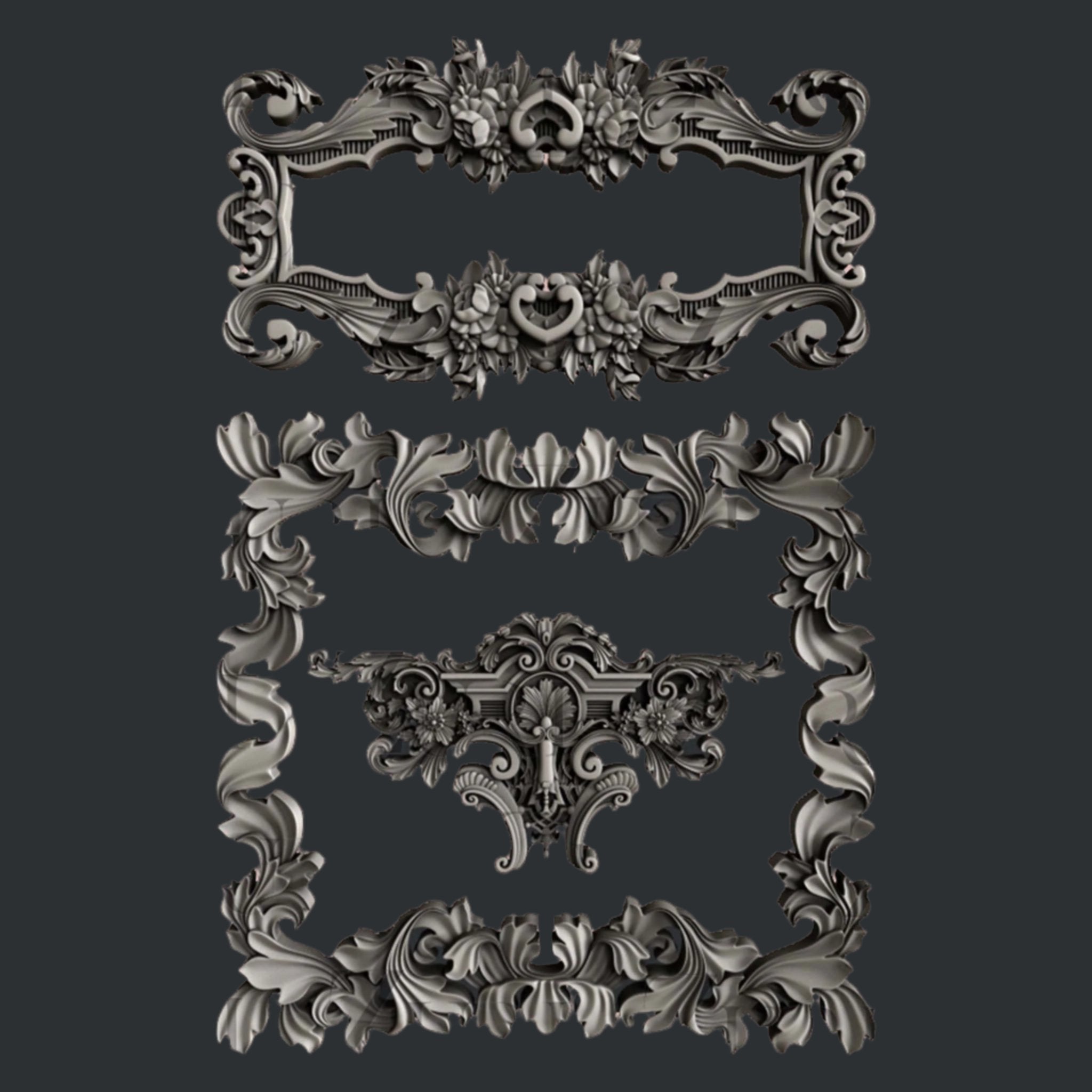 Silver colored silicone castings of 2 ornate flourish frames and 1 center accent piece are against a dark grey background.