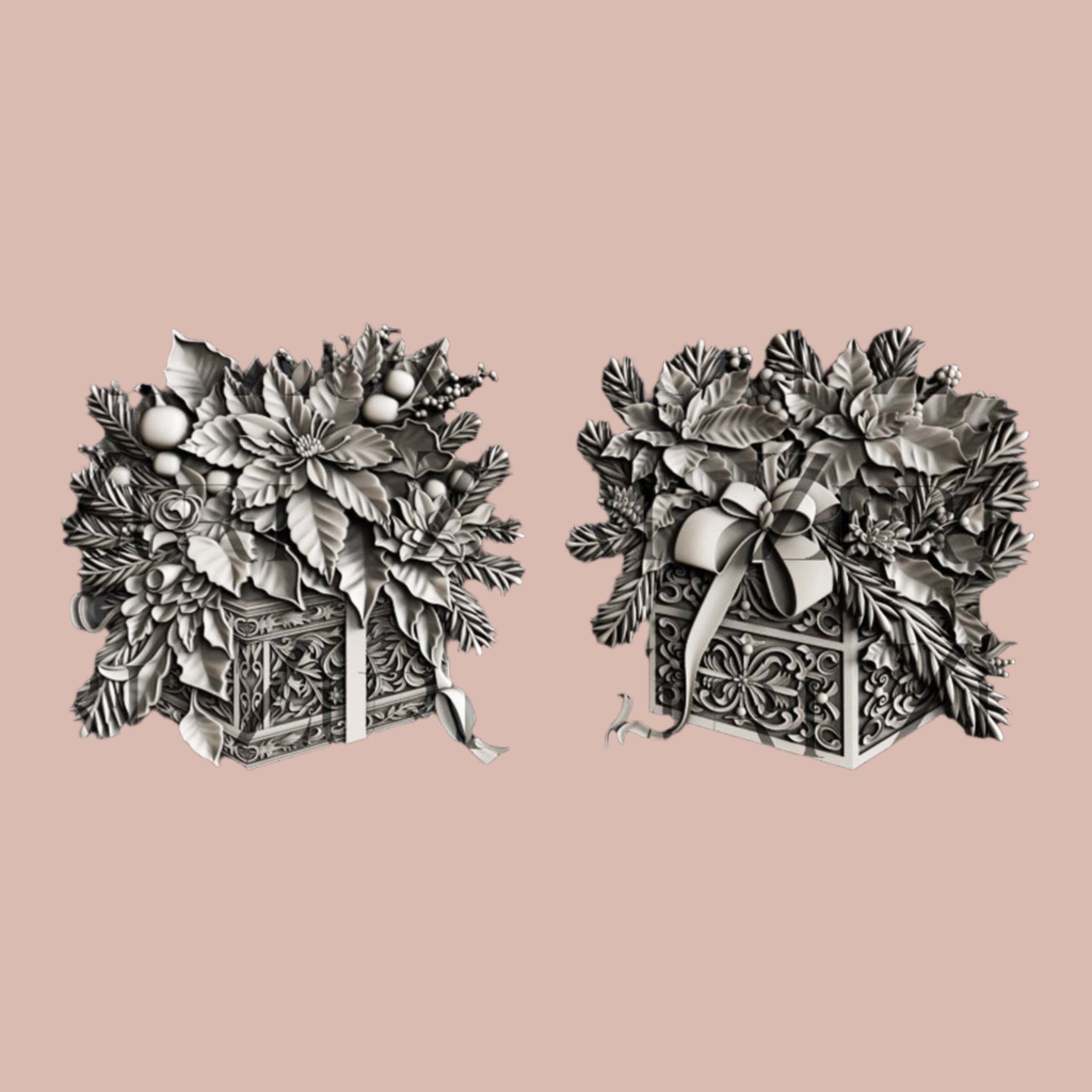 Silver colored silicone mold castings of 2 ornate Christmas gift boxes topped with poinsettia bouquets are against a light pink background.