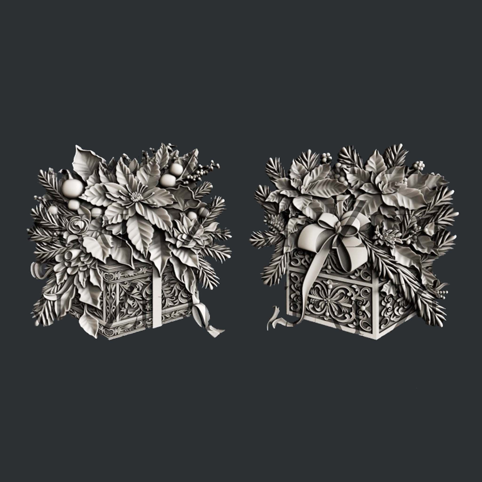 Silver colored silicone mold castings of 2 ornate Christmas gift boxes topped with poinsettia bouquets are against a dark grey background.