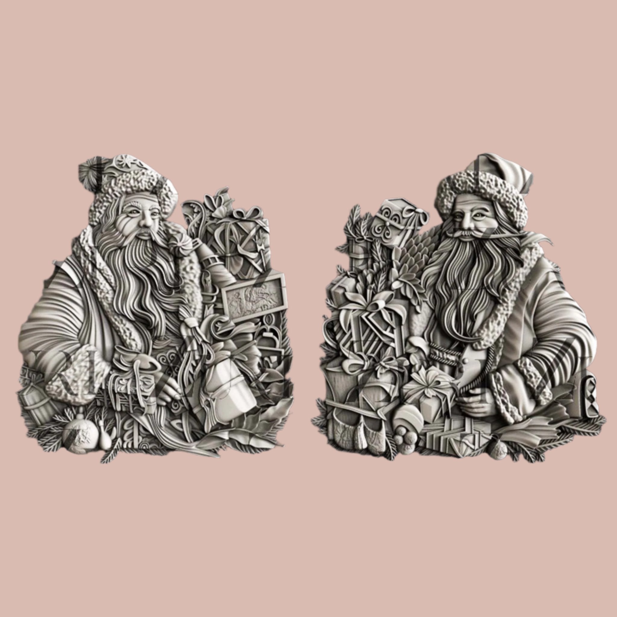 Silver colored silicone mold castings of 2 vintage Santa Claus in heavy winter clothing and surrounded by gifts are against a light pink background.