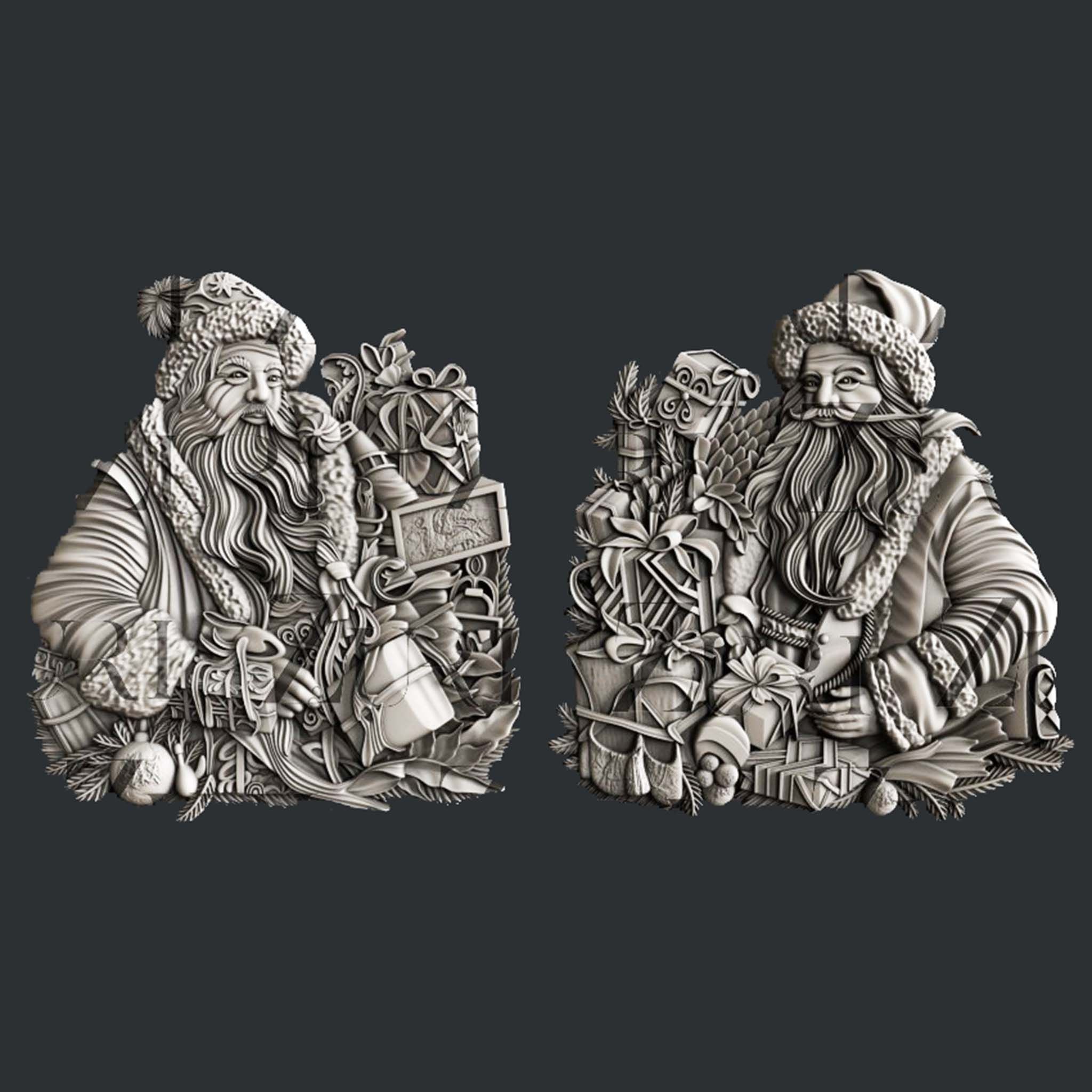 Silver colored silicone mold castings of 2 vintage Santa Claus in heavy winter clothing and surrounded by gifts are against a dark grey background.