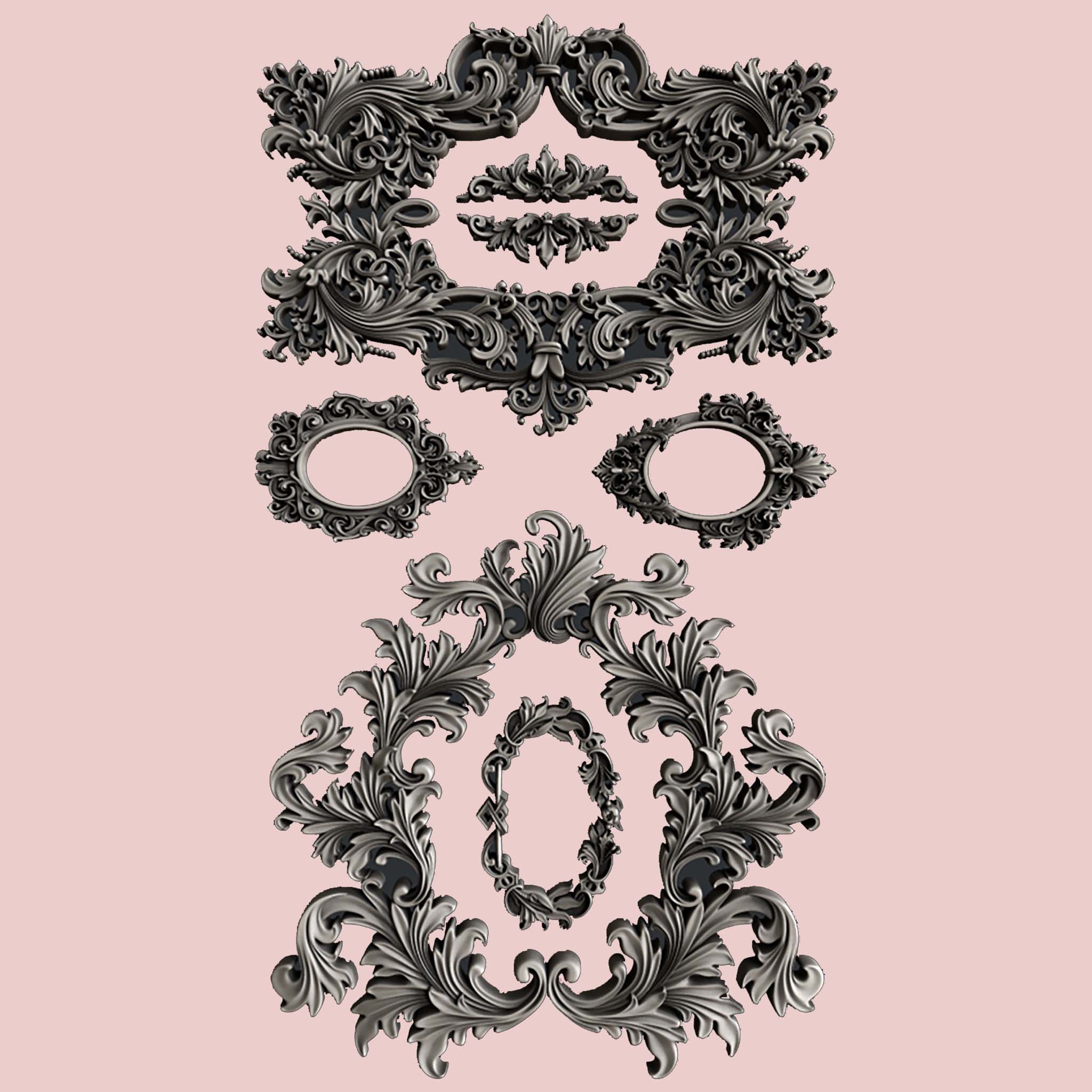 Silver colored silicone castings of 7 ornate frame are against a light pink background.