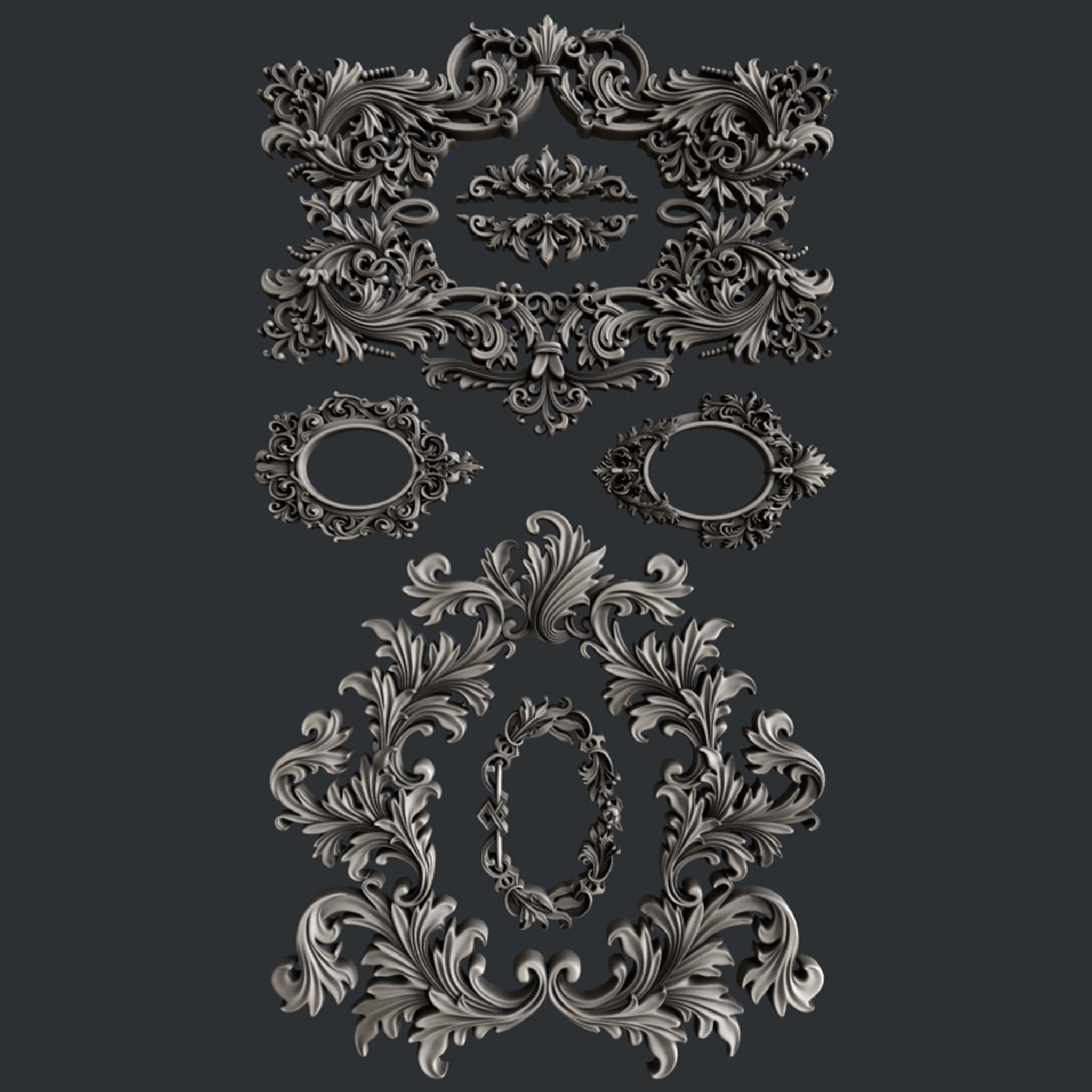 Silver colored silicone castings of 7 ornate frame are against a dark grey background.